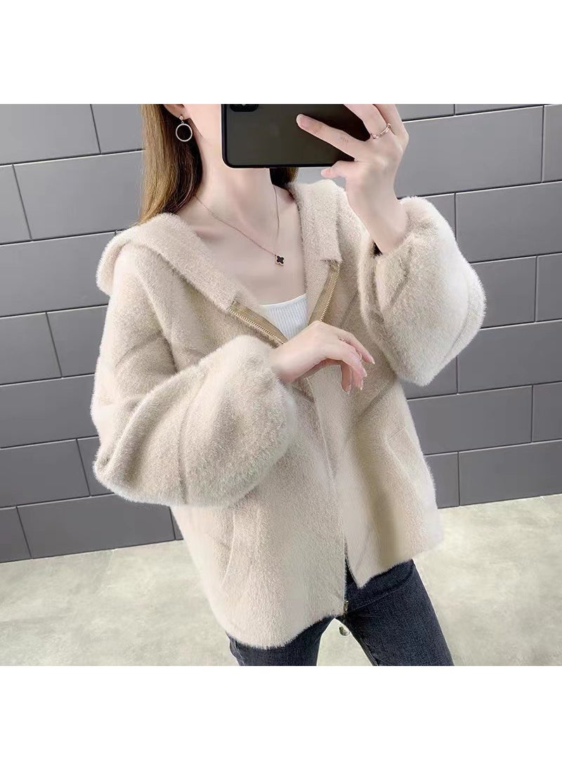 1 x 5 pcs 2024 Faux Mink Fur Coat Womens Autumn Winter Thicken Knitted Cardigan Hooded Loose Sweater Khaki