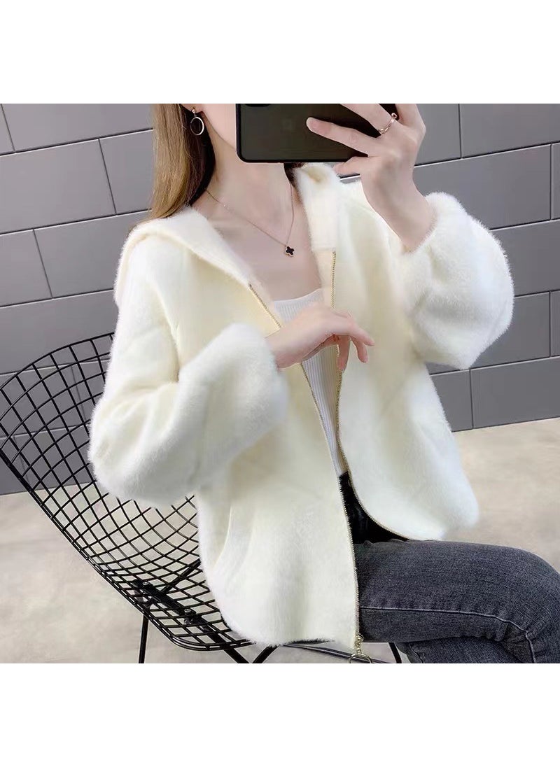 1 x 5 pcs 2024 Faux Mink Fur Coat Womens Autumn Winter Thicken Knitted Cardigan Hooded Loose Sweater Beige White