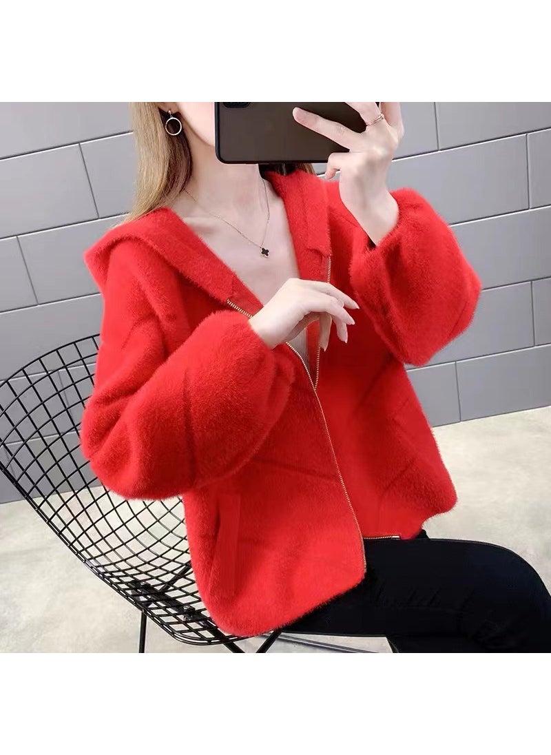 1 x 5 pcs 2024 Faux Mink Fur Coat Womens Autumn Winter Thicken Knitted Cardigan Hooded Loose Sweater Red