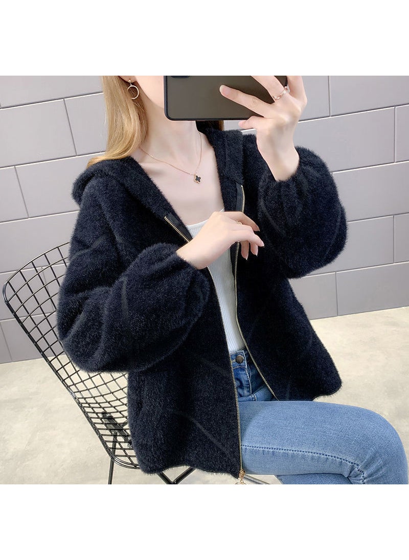 1 x 5 pcs 2024 Faux Mink Fur Coat Womens Autumn Winter Thicken Knitted Cardigan Hooded Loose Sweater Black