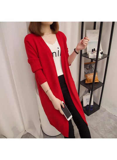 1 x 5 pcs Korean Style Loose Knit Cardigan Womens Mid-Length Spring Autumn Coat Red