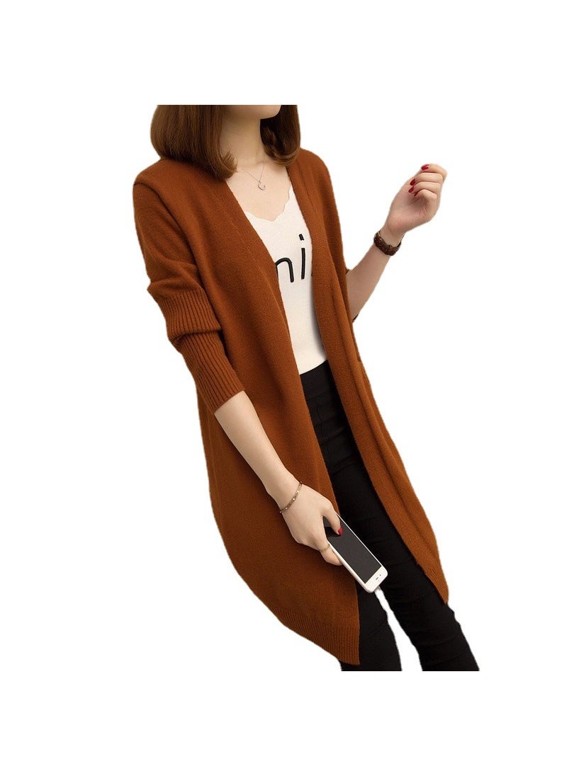 1 x 5 pcs Korean Style Loose Knit Cardigan Womens Mid-Length Spring Autumn Coat Red