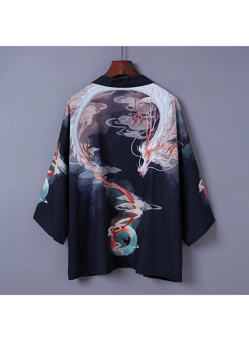 1 x 5 pcs Spring Summer Kimono Cardigan Chinese Style Black Ukiyo-e Dragon