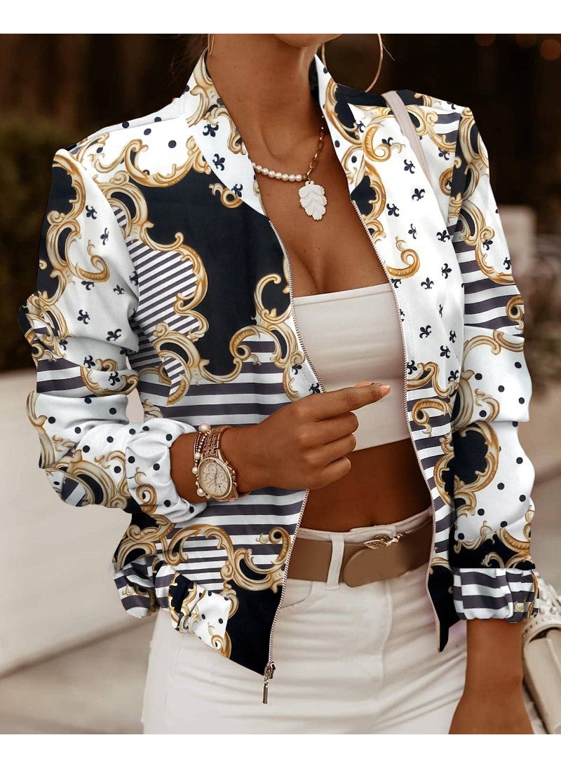 1 x 5 pcs Zip Detail Long Sleeve Cardigan Black Flowers on white background