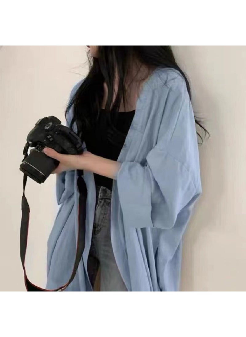 Summer Slim Long Sleeve Cardigan Womens Trench Coat Blue