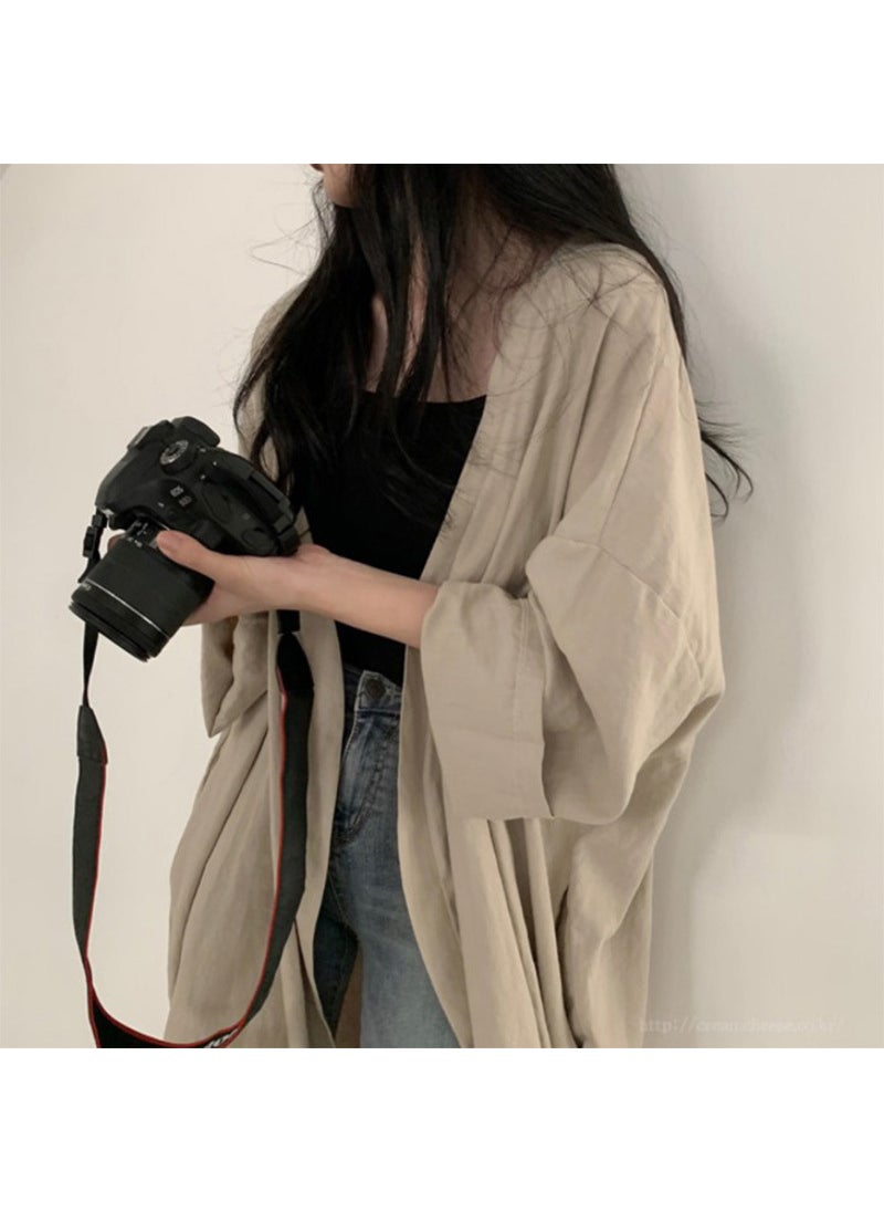 Summer Slim Long Sleeve Cardigan Womens Trench Coat Light khaki