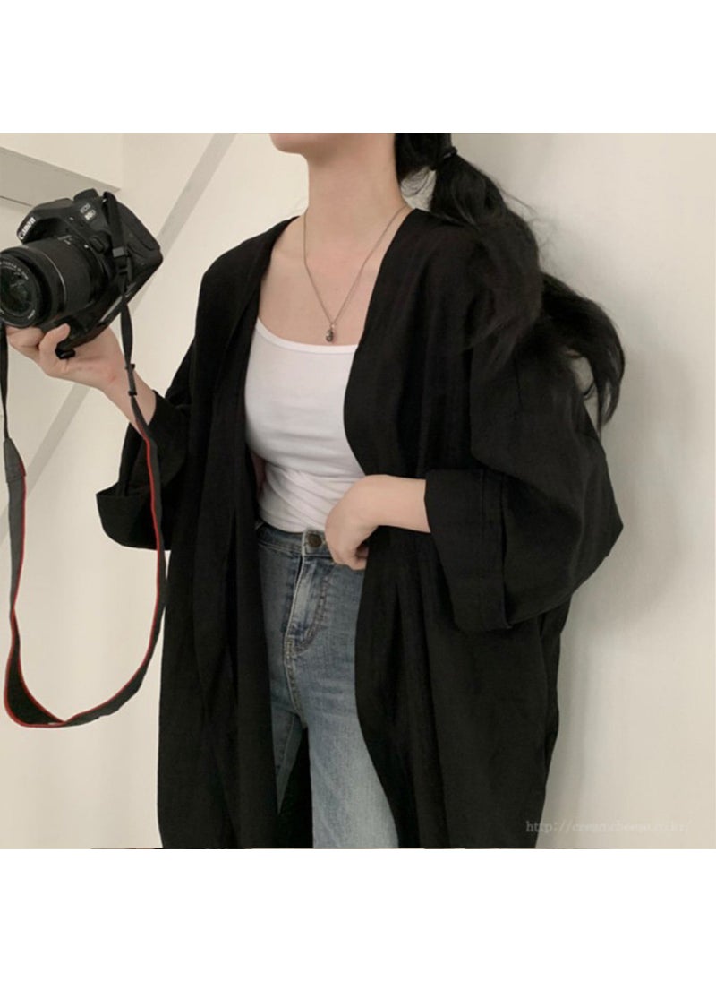 Summer Slim Long Sleeve Cardigan Womens Trench Coat Black