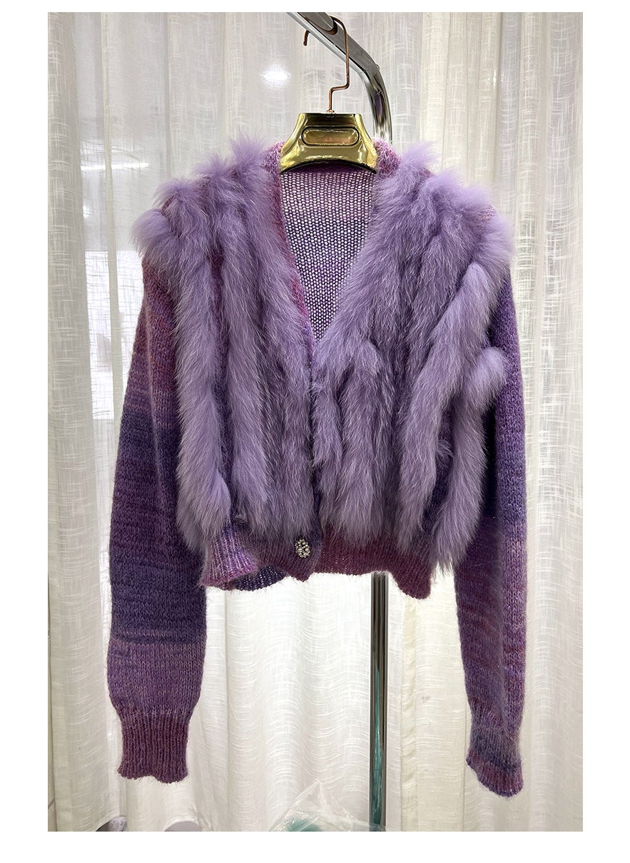 1 x 5 pcs 2023 Autumn Winter Fox Fur Knit Cardigan Light purple