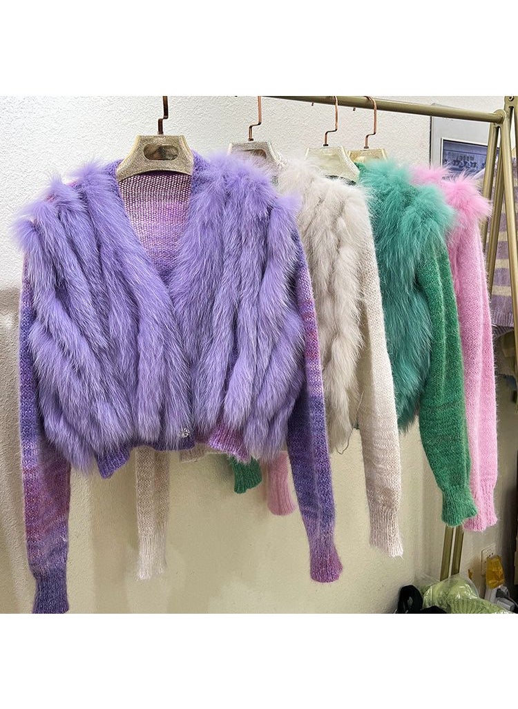 1 x 5 pcs 2023 Autumn Winter Fox Fur Knit Cardigan Rose Pink