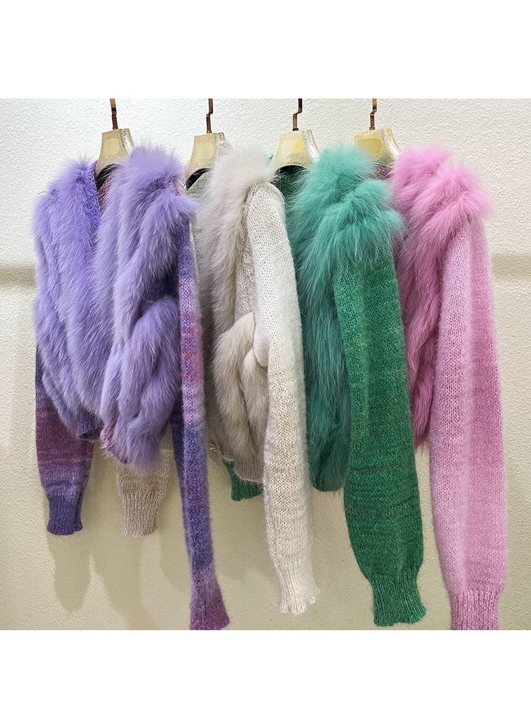 1 x 5 pcs 2023 Autumn Winter Fox Fur Knit Cardigan Rose Pink