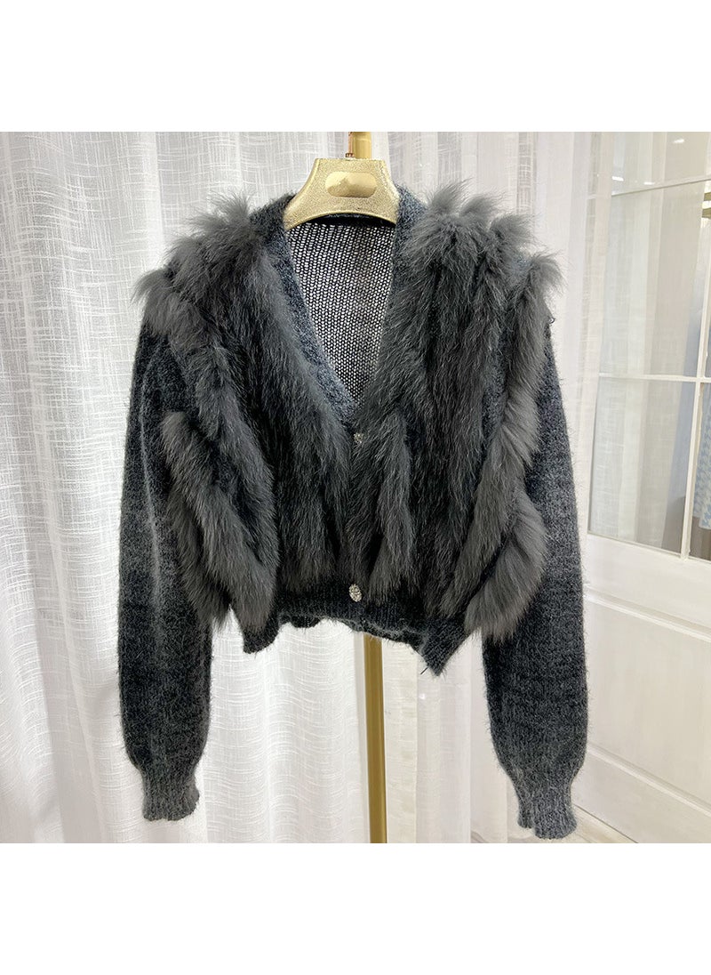 1 x 5 pcs 2023 Autumn Winter Fox Fur Knit Cardigan Rose Pink