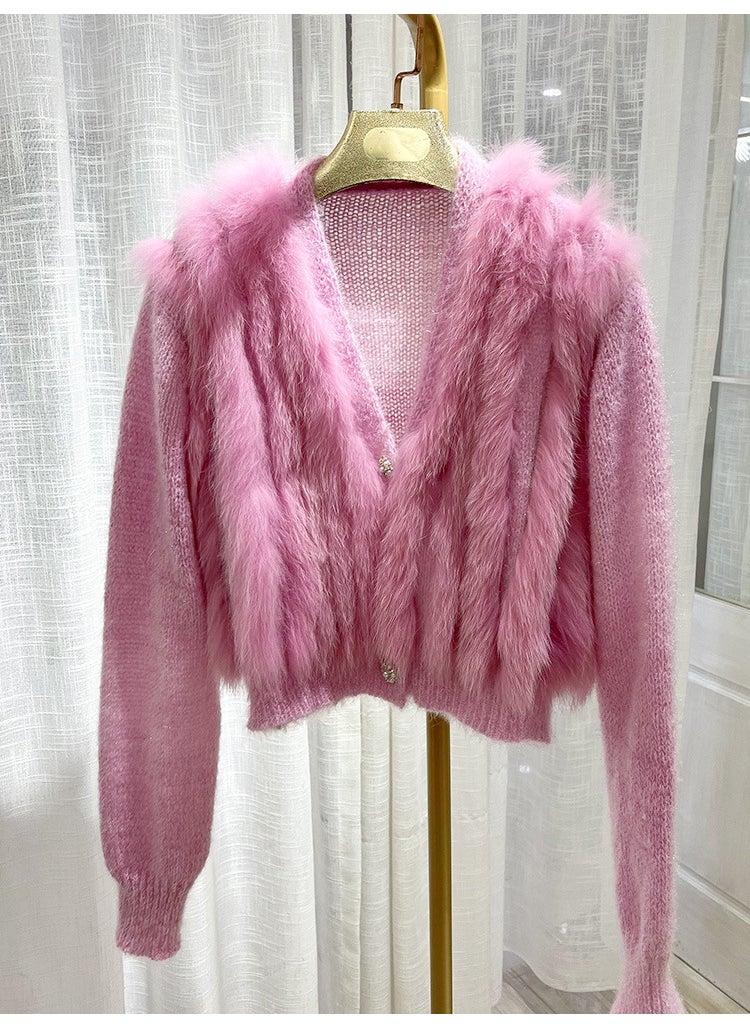 1 x 5 pcs 2023 Autumn Winter Fox Fur Knit Cardigan Rose Pink