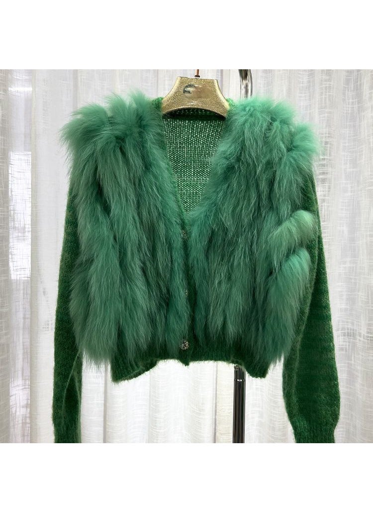 1 x 5 pcs 2023 Autumn Winter Fox Fur Knit Cardigan Black and gray