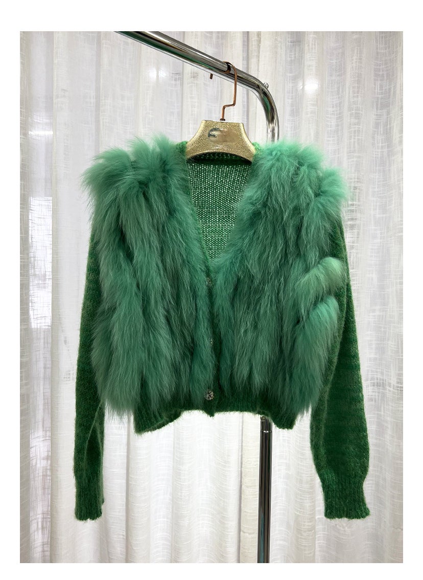 1 x 5 pcs 2023 Autumn Winter Fox Fur Knit Cardigan Green