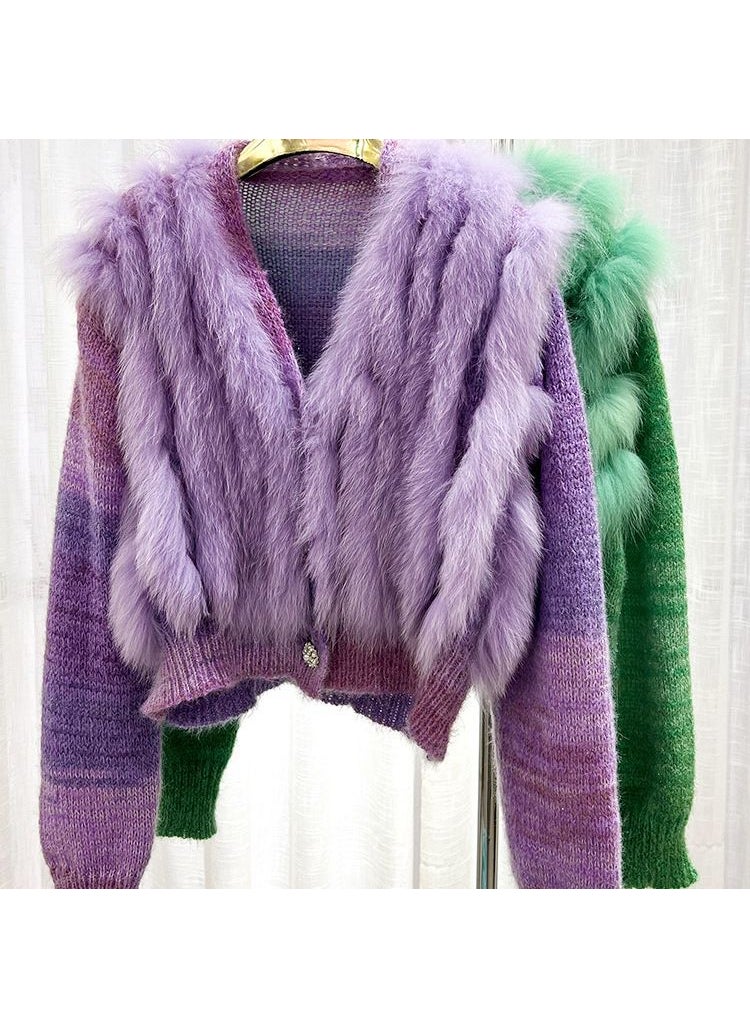 1 x 5 pcs 2023 Autumn Winter Fox Fur Knit Cardigan Green