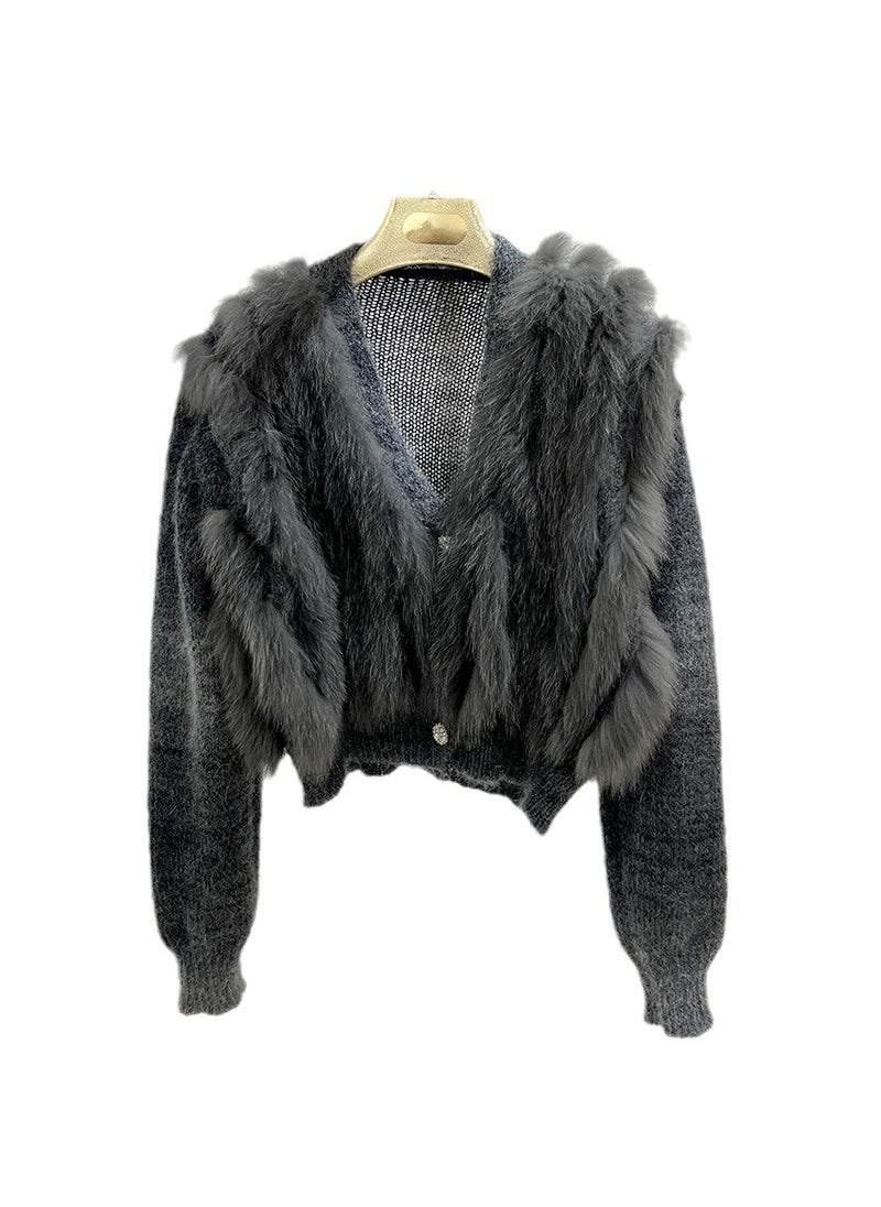 1 x 5 pcs 2023 Autumn Winter Fox Fur Knit Cardigan Green