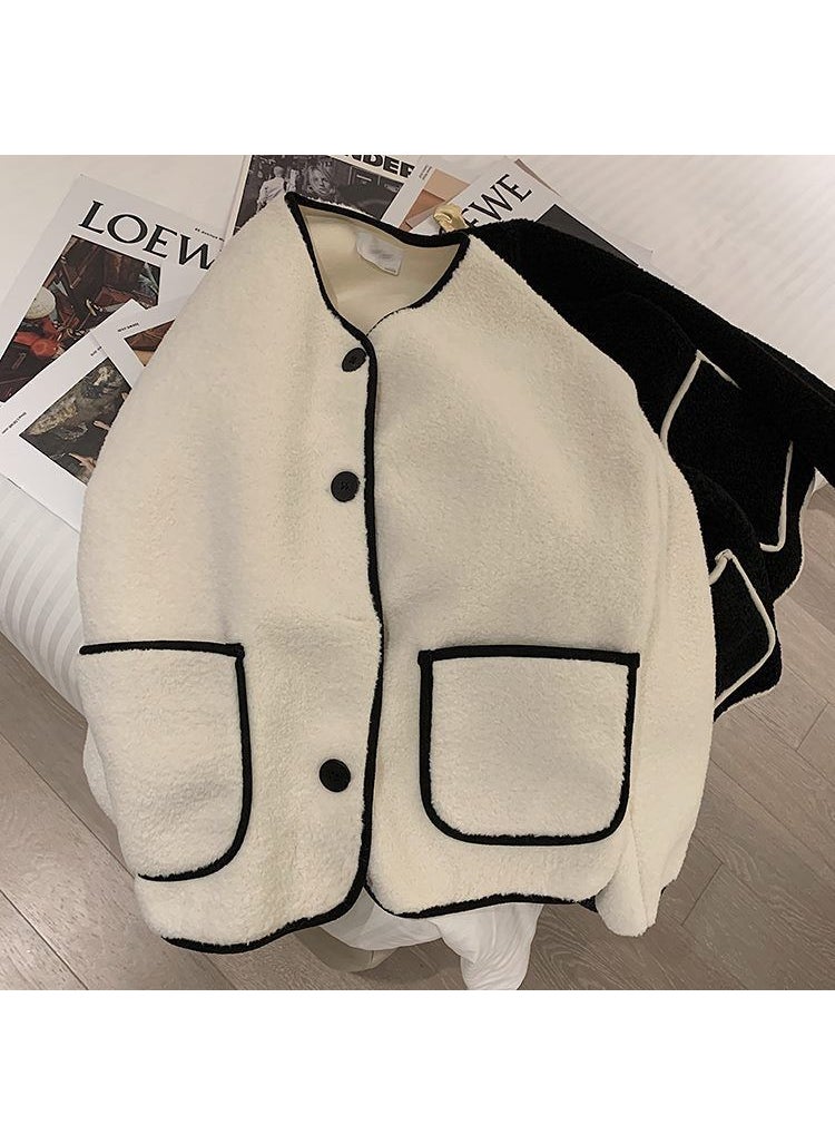 2023 Round Neck Wool Cardigan Womens Autumn Fashion Creamy-white