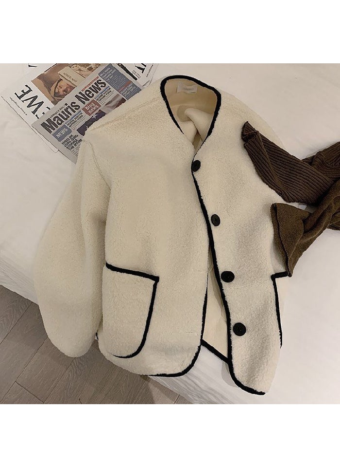 2023 Round Neck Wool Cardigan Womens Autumn Fashion Creamy-white