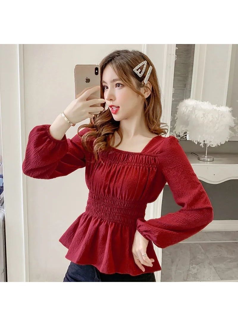 2023 Chic Square Neck Chiffon Blouse Wine red