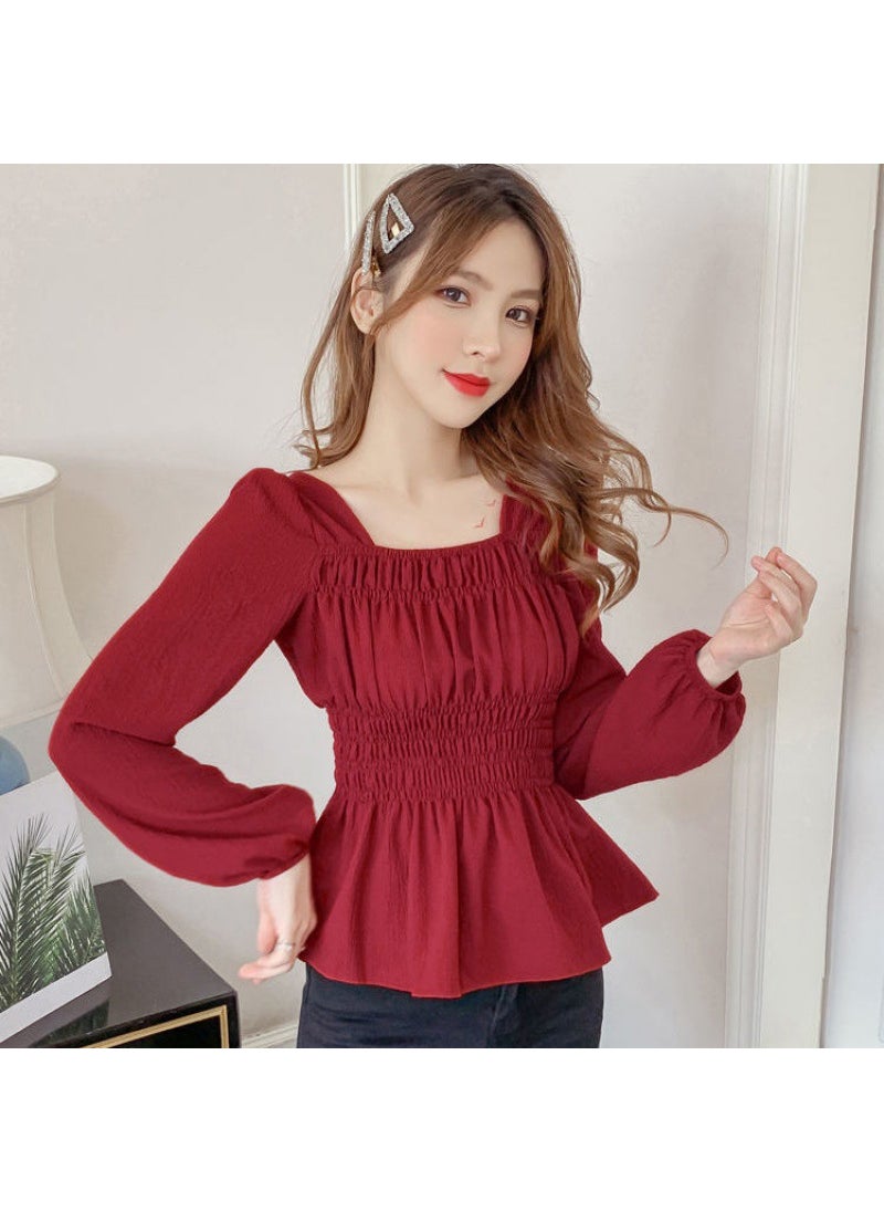 2023 Chic Square Neck Chiffon Blouse Wine red