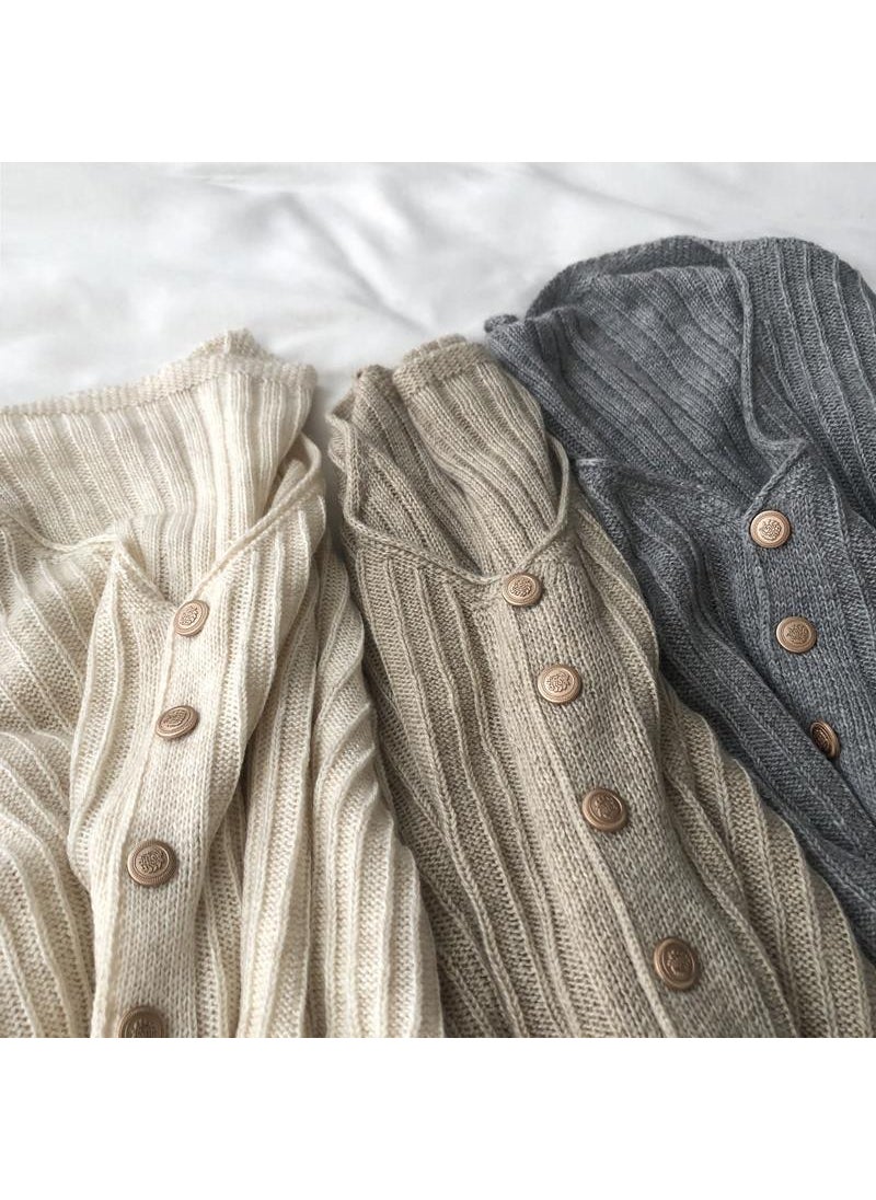 1 x 5 pcs Korean V-Neck Wool Cardigan with Gold Buttons Khaki