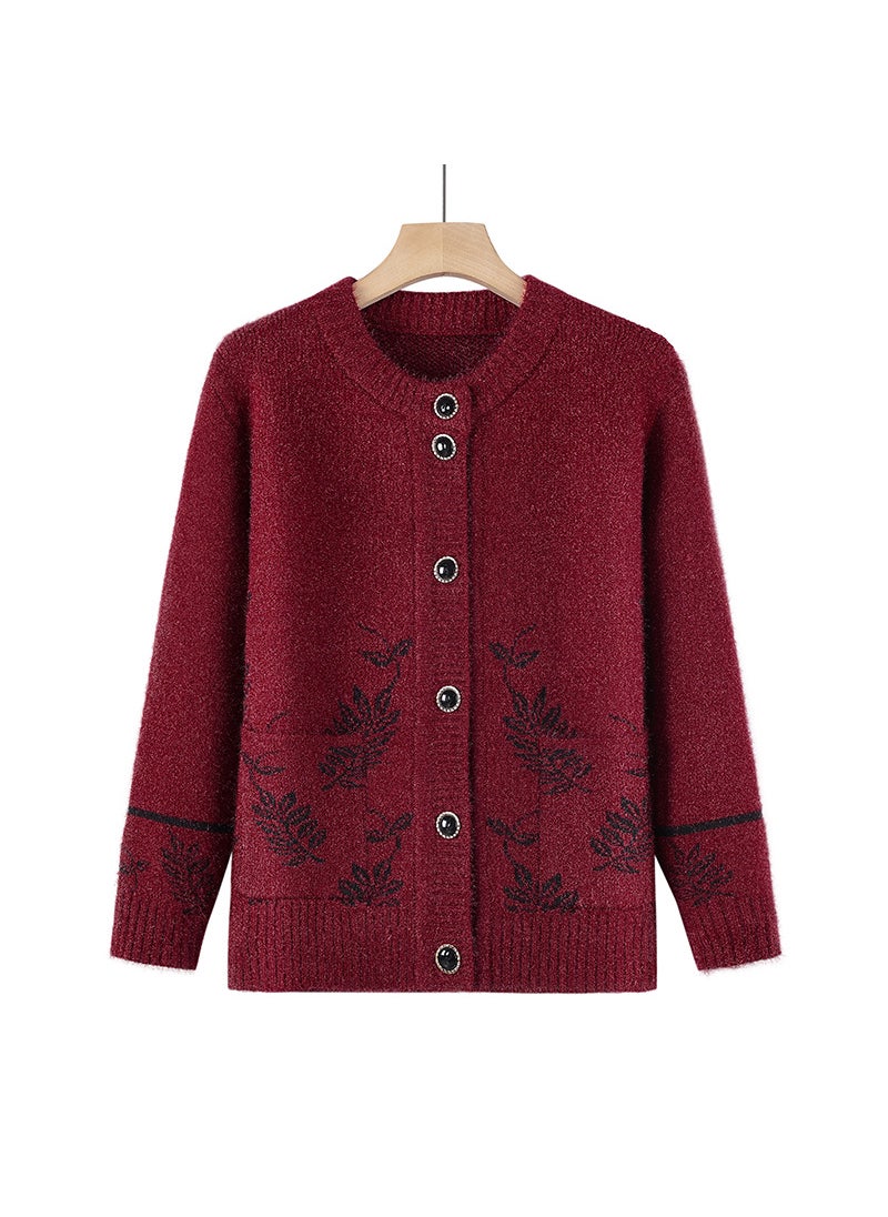 Elderly Womens Knitted Cardigan Spring Autumn Outerwear Coat wine red