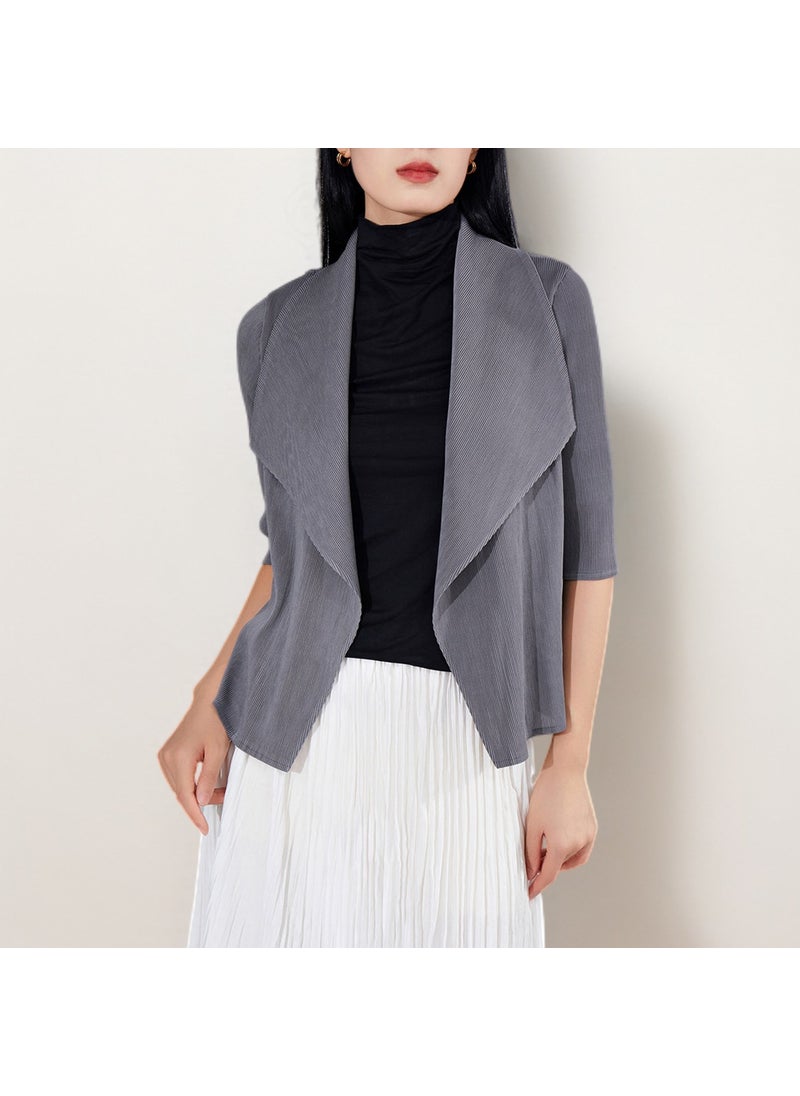 Miyake-Inspired Collared Cardigan Womens Fashionable Casual Cropped Jacket Spring Autumn New Gray