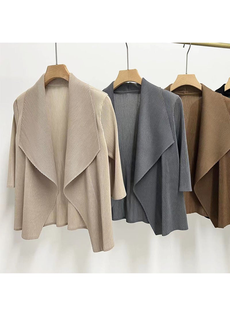 Miyake-Inspired Collared Cardigan Womens Fashionable Casual Cropped Jacket Spring Autumn New Gray