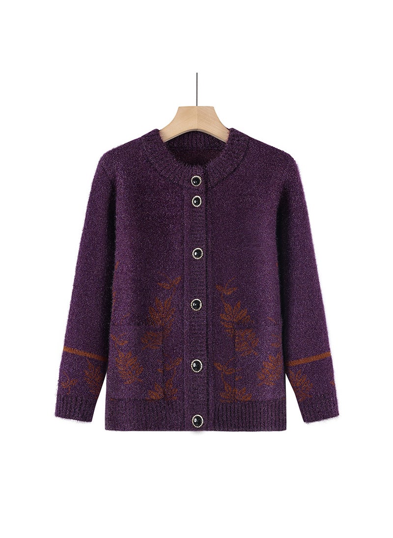 Elderly Womens Knitted Cardigan Spring Autumn Outerwear Coat Purple