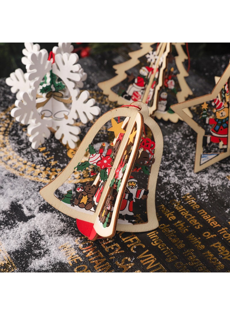 1 x 5 pcs 3D Bell Snowflake Wooden Christmas Tree Ornaments Two-piece wood-grain Bell