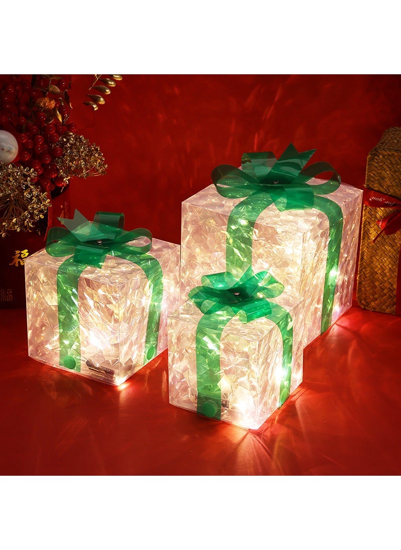 Luminous gift box cross-border Christmas decoration laser gift box pile gift box Christmas window transparent luminous gift box Green bow three-piece cat eye pile head gift box