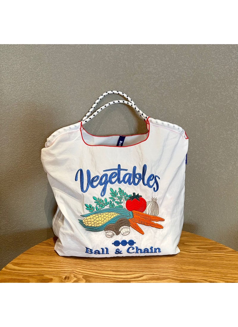 Japanese Embroidered Eco Tote Womens Nylon Handbag White vegetables