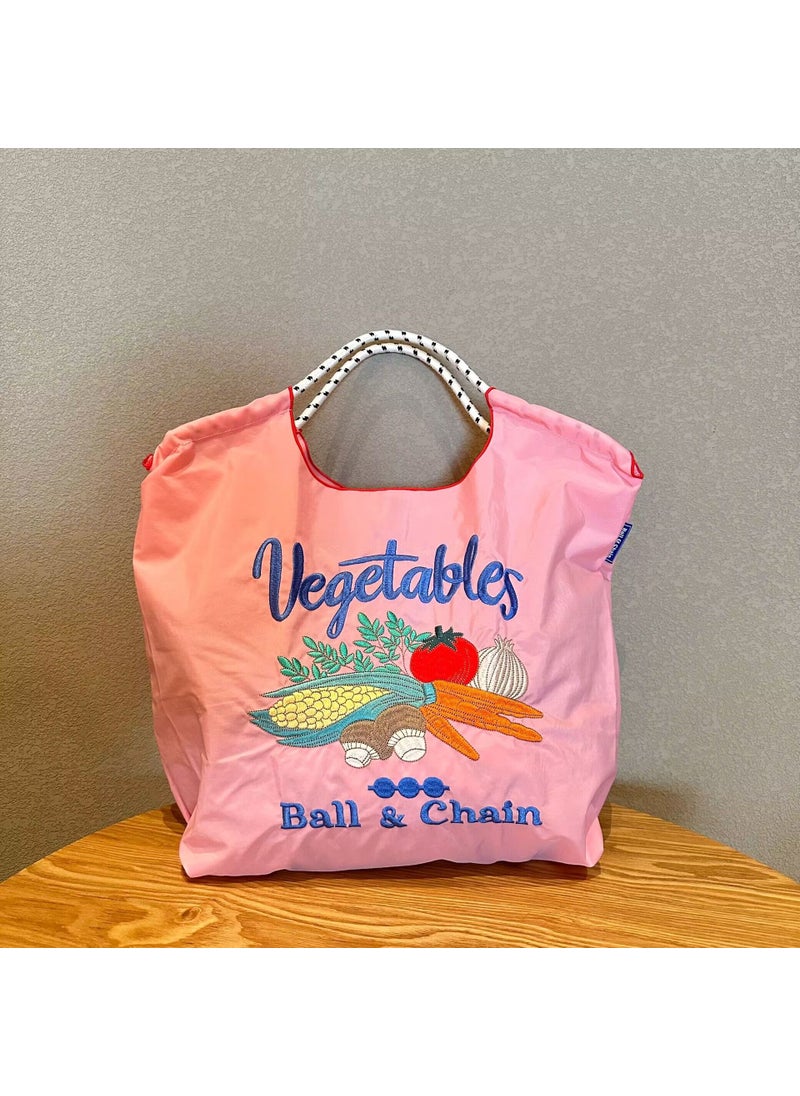 Japanese Embroidered Eco Tote Womens Nylon Handbag Pink vegetables