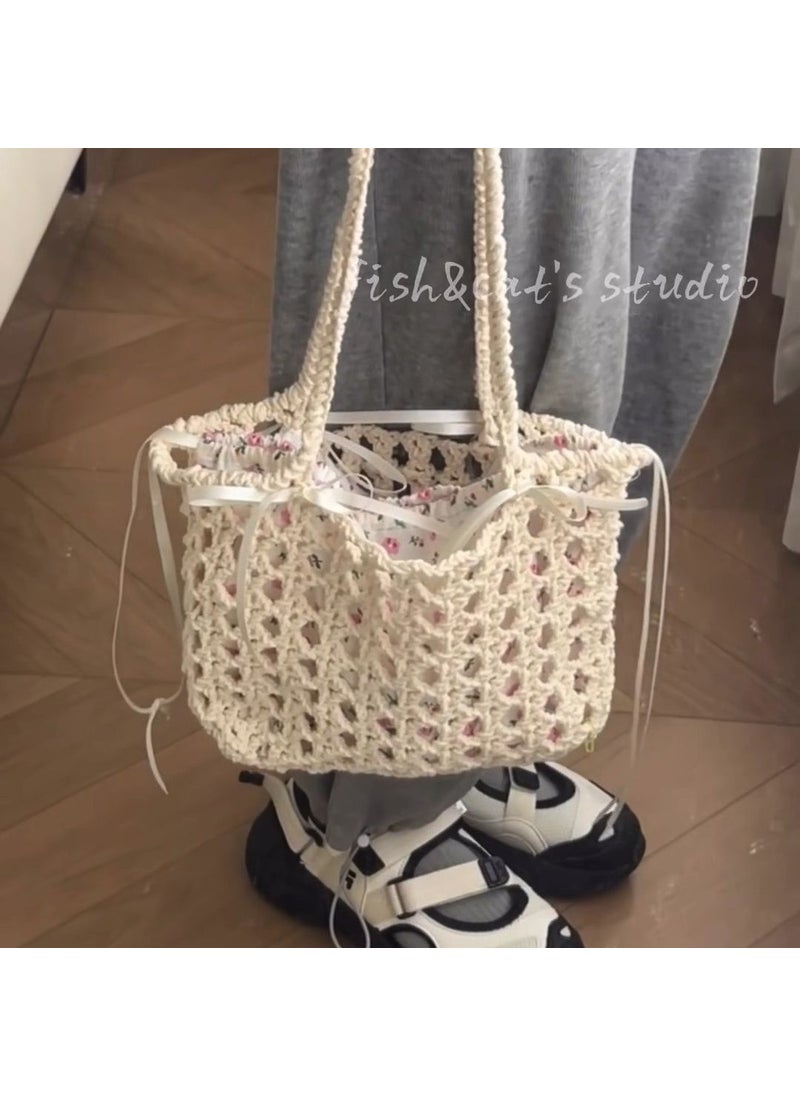 Womens Checkered Basket Weave Bag Beige