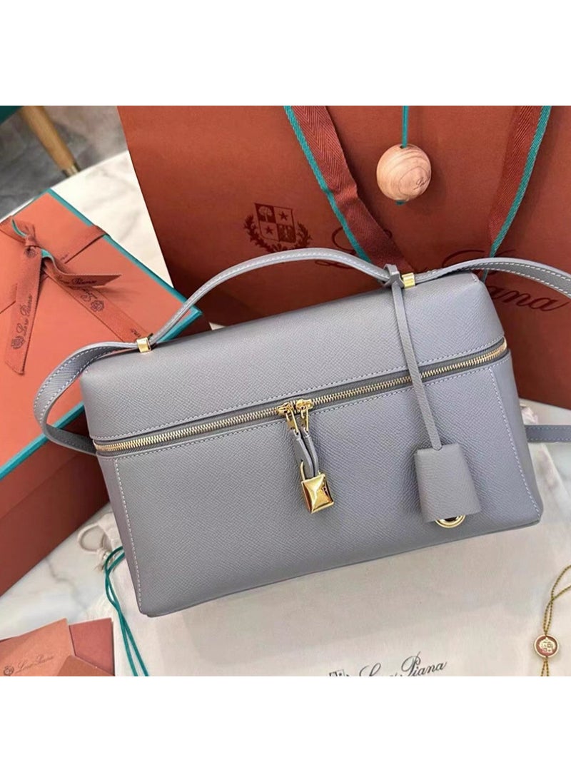 LP27 Large Lunch Box Bag 2024 New Shoulder Crossbody Fashion Leather Work Lp19 gray particle surface