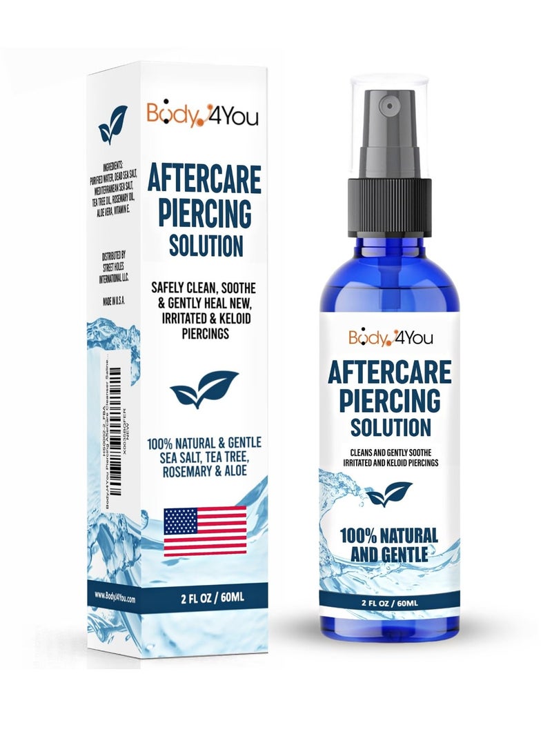 BodyJ4You Piercing Aftercare Spray - Saline Cleaning Solution Nose Belly Ear Piercing Cleaner - Wound Wash Keloid Treatment Piercing Bump Removal - Natural Sea Salt Aloe Rosemary - 2 Fl Oz (60ml)