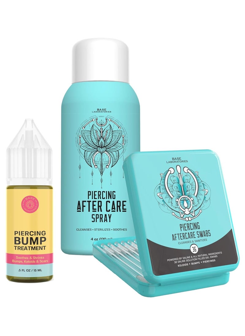 BASE LABORATORIES Ultimate Healing Piercing Aftercare Kit | Piercing Aftercare Spray + Keloid Piercing Bump Treatment Oil + Piercing Cleaner Swabs | Keloid Bump Removal - Saline Solution for Piercings