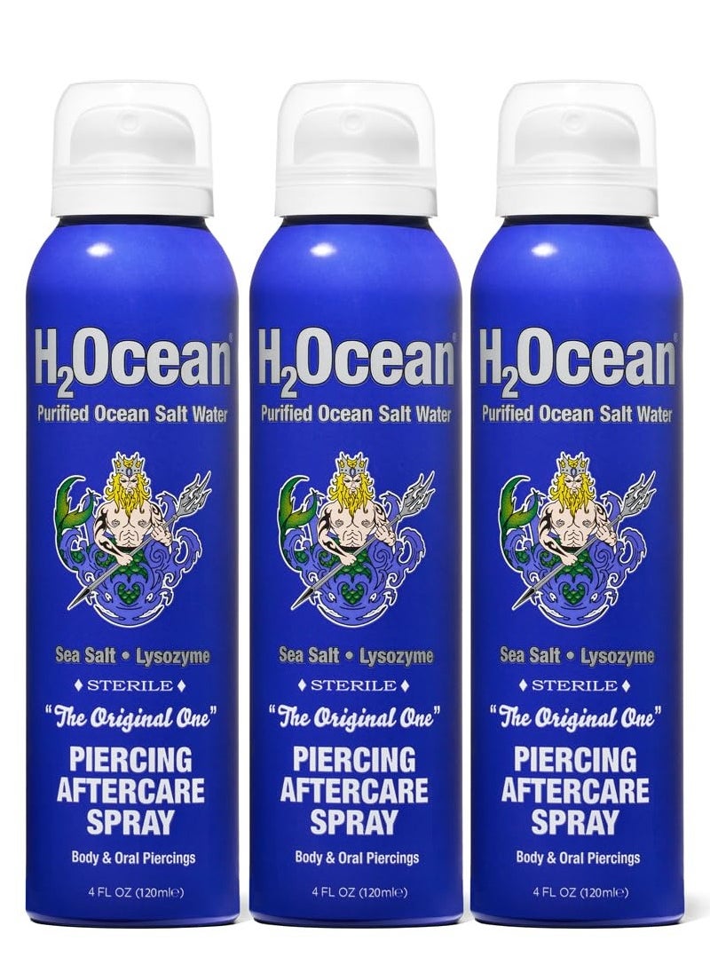 H2Ocean Piercing Aftercare Spray, 4oz Set of 3 Sea Salt Keloid & Bump Treatment, Wound Care Spray Wound Wash For Ear, Nose, Naval, Oral Body Piercings