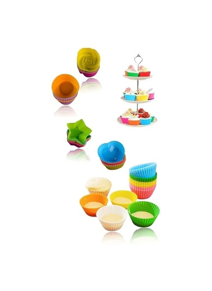 Reusable Silicone Cupcake Liners - Set of 24 | Nonstick Baking Cups | Easy Clean Muffin Molds - 4 Shapes: Round, Stars, Heart, Flowers | Colorful Pastry