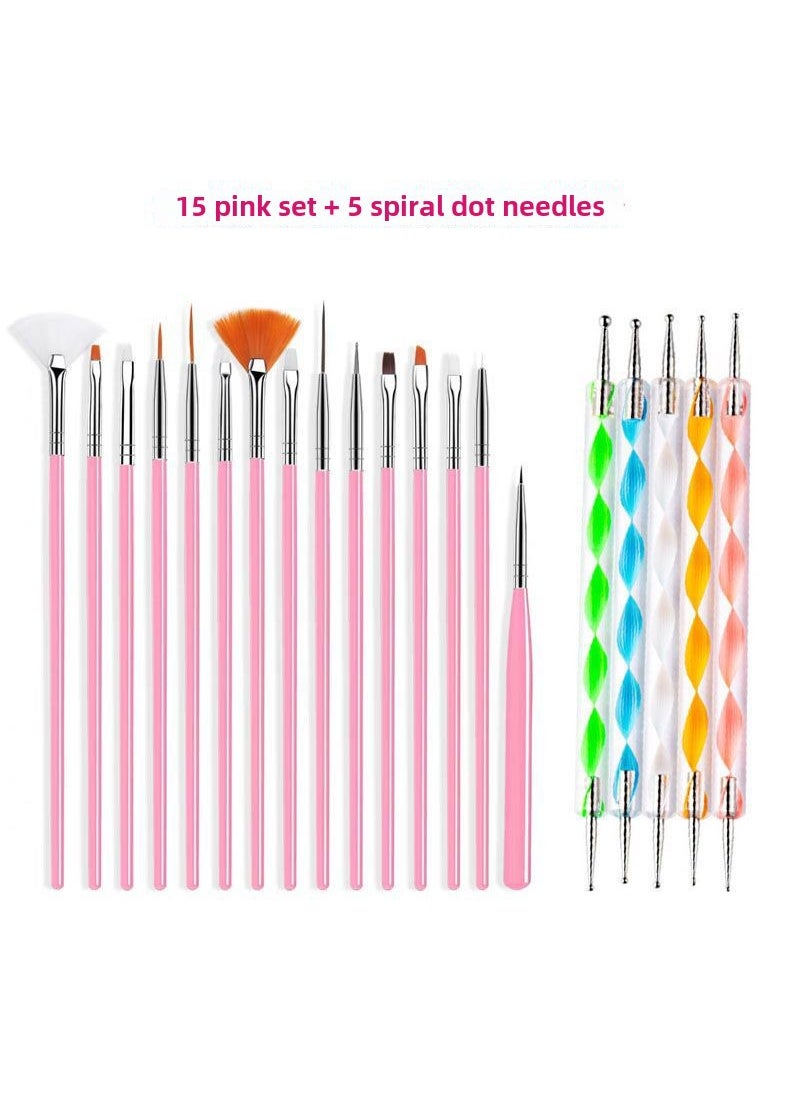 1 x 5 pcs 2-Piece Nail Art Tool Set with 15 Brushes Pink