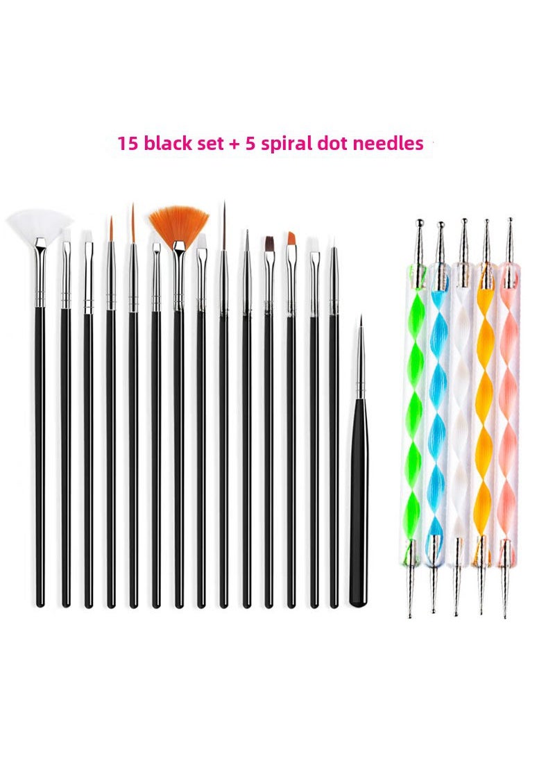 1 x 5 pcs 2-Piece Nail Art Tool Set with 15 Brushes Black