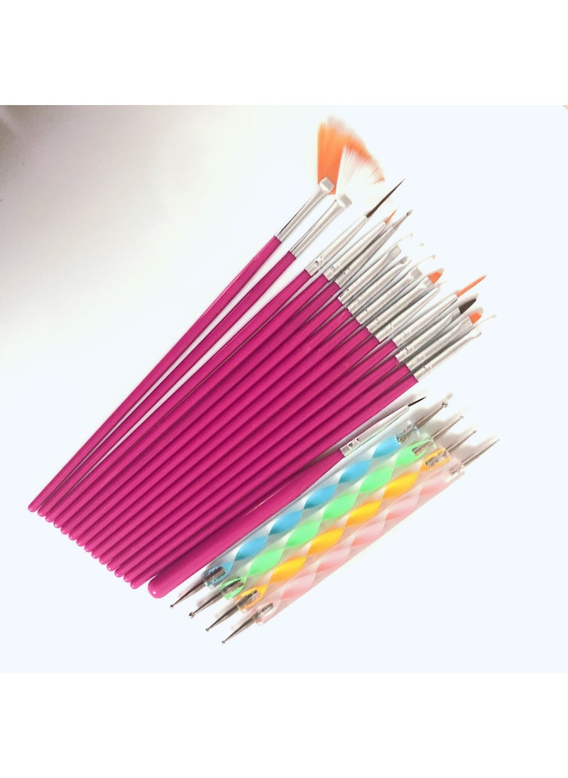 1 x 5 pcs 2-Piece Nail Art Tool Set with 15 Brushes Rose Red