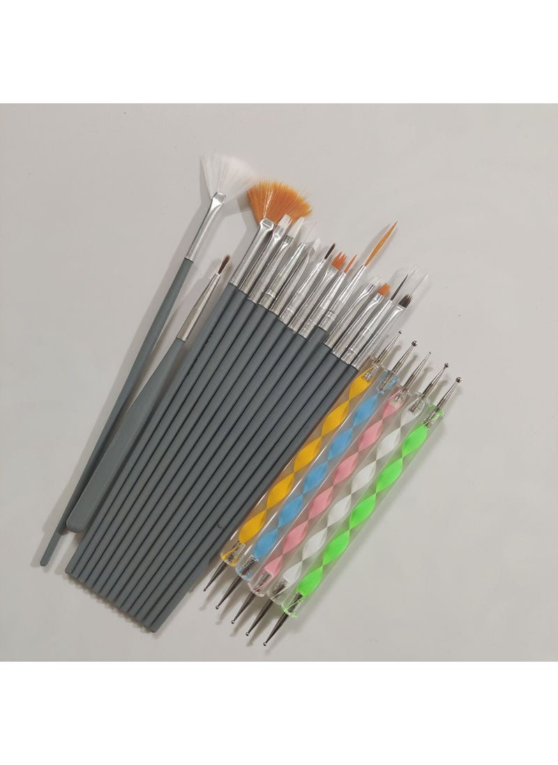 1 x 5 pcs 2-Piece Nail Art Tool Set with 15 Brushes Grey