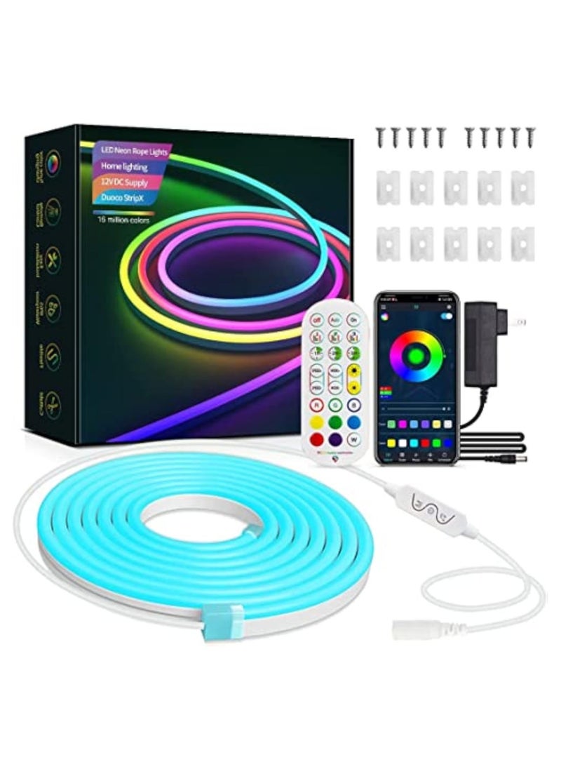 LED Neon Rope, 16.4ft/5m RGB Dimmable Waterproof 12V LED Strip Light with Music Sync, Remote and App Control for Bedroom Living Room Game Room Outdoor Wall Decor