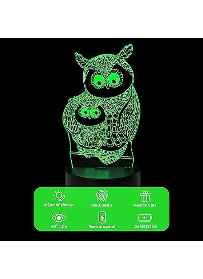 Two Owls 3D Night Light, 3D Animal Illusion Dimmable LED Nursery Lamp 16 Color Change with Remote Control Bedroom Living Roome Decor