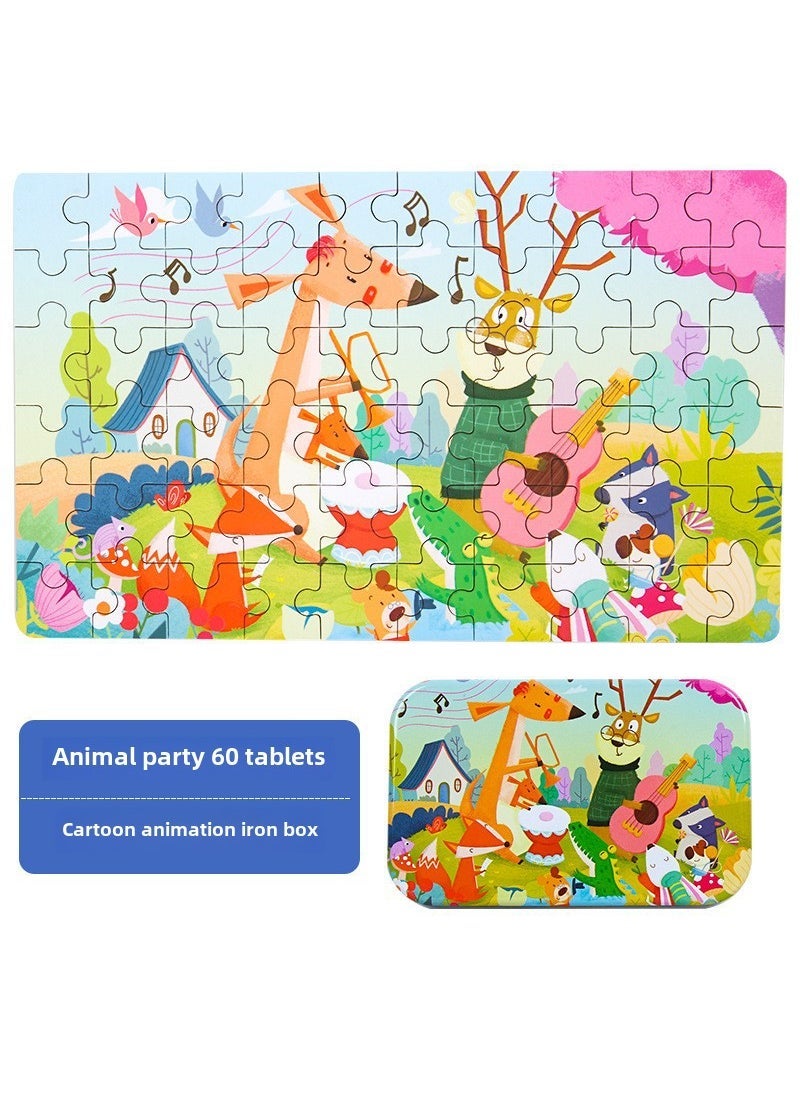 60 pieces iron box puzzle childrens educational kindergarten early education cartoon wooden puzzle toy generation School bus