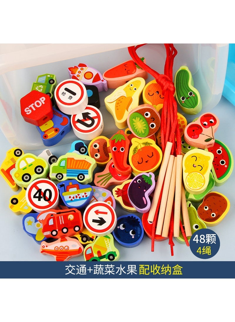 Kids Wooden Beads Lacing Toy for Focus Training 48 traffic vegetables and fruits (storage box)