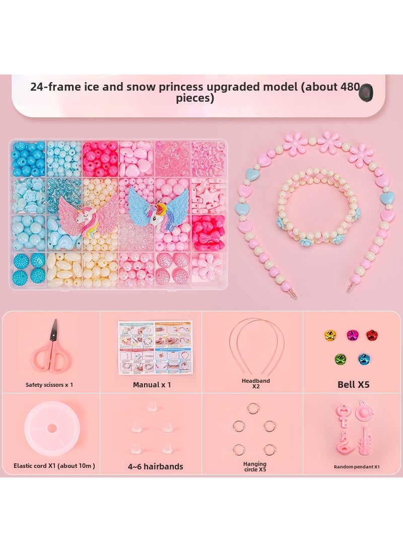 1 x 5 pcs Kids DIY Beading Kit Crystal Bracelet Necklace 24-frame ice and snow princess upgraded model [about 480 pieces] free tool kit