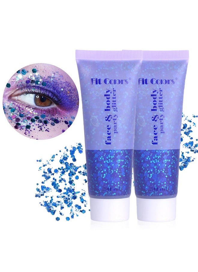 2 Pcs Blue Face Body Glitter, Face Glitter Gel For Singer Concerts Festival Rave Accessories, Long Lasting Chunky Sequins Glitters For Eye Lip Hair Nails, Sparkling Glitter Face Makeup 100Ml (Blue)