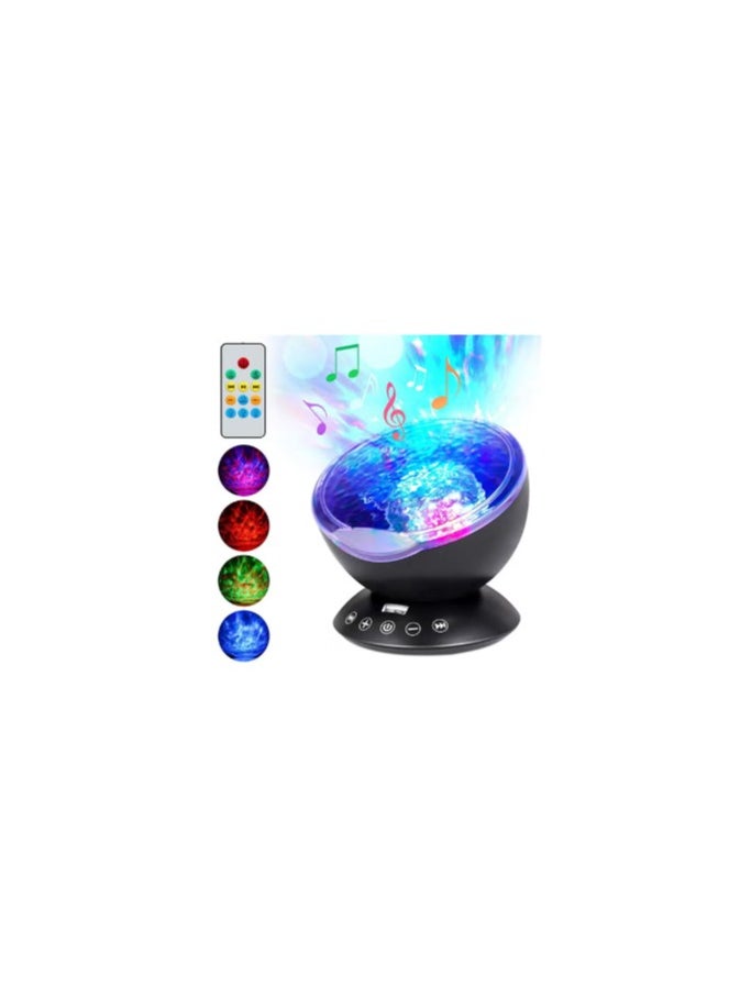 Decor Remote Control Night Light Ocean Wave Projector 7 Colorful Ceiling Mood Lamp with Bulit-in Speaker Music Player for Baby Adults Bedroom Living Room (Black)